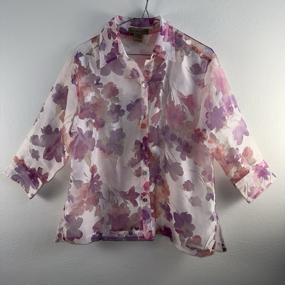 NOTATIONS‎ Size S Womens Purple Floral 3/4 Sleeve Sheer Button Up Blouse Linen